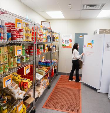 Woman standing in front of a wall of shelves filled with canned goods. She is looking into a white fridge.