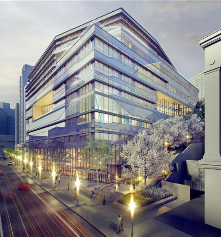 3D model of a tall metal and glass modern building surrounded by lights and trees.