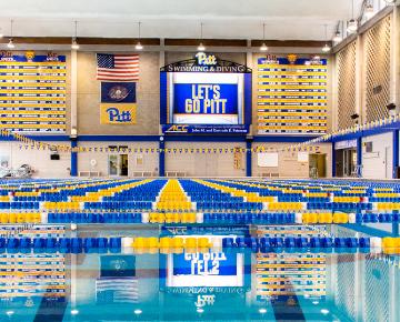 An indoor pool with blue and yellow lane dividers.